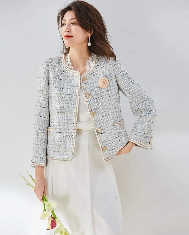 23 Cappotto autunnale Nuovo stile da donna Seta brillante Temperamento rosa Pendolarismo Socialite Casual Girocollo Cappotto cor