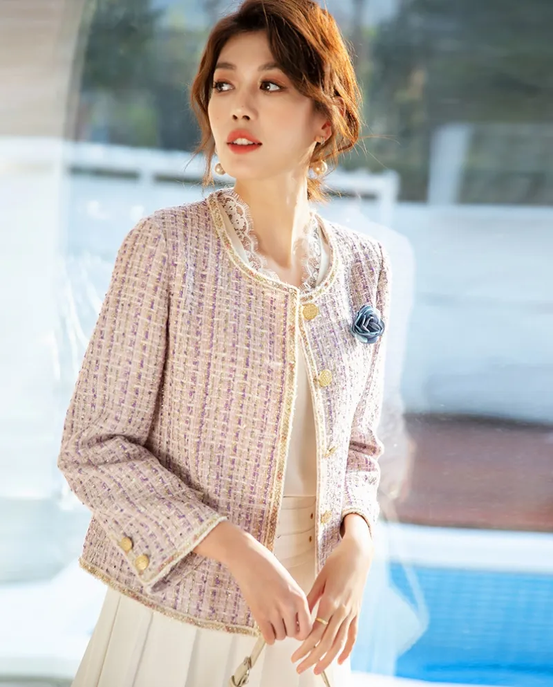 23 Cappotto autunnale Nuovo stile da donna Seta brillante Temperamento rosa Pendolarismo Socialite Casual Girocollo Cappotto cor