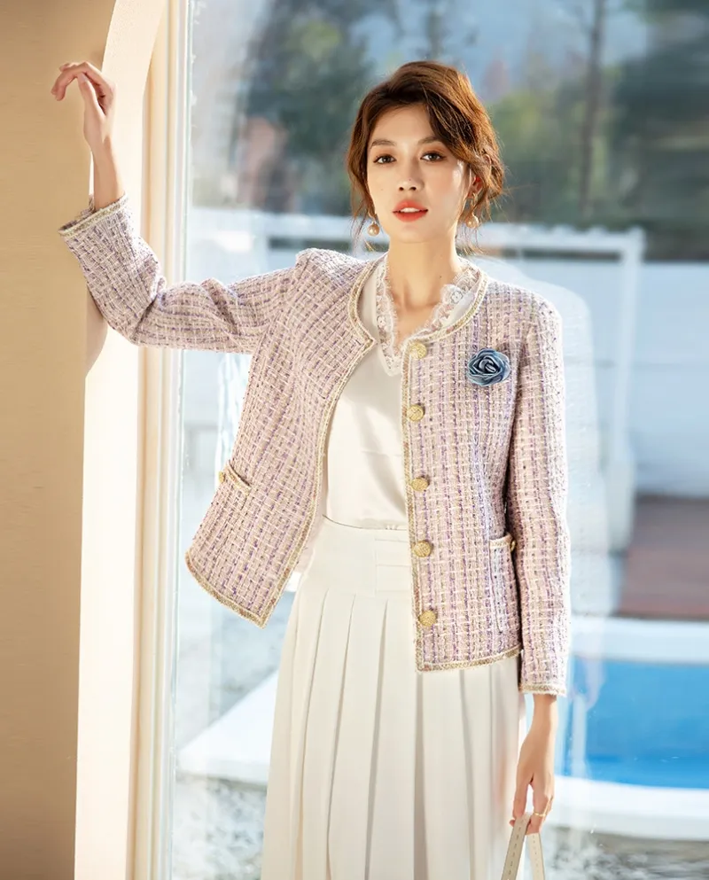 23 Cappotto autunnale Nuovo stile da donna Seta brillante Temperamento rosa Pendolarismo Socialite Casual Girocollo Cappotto cor