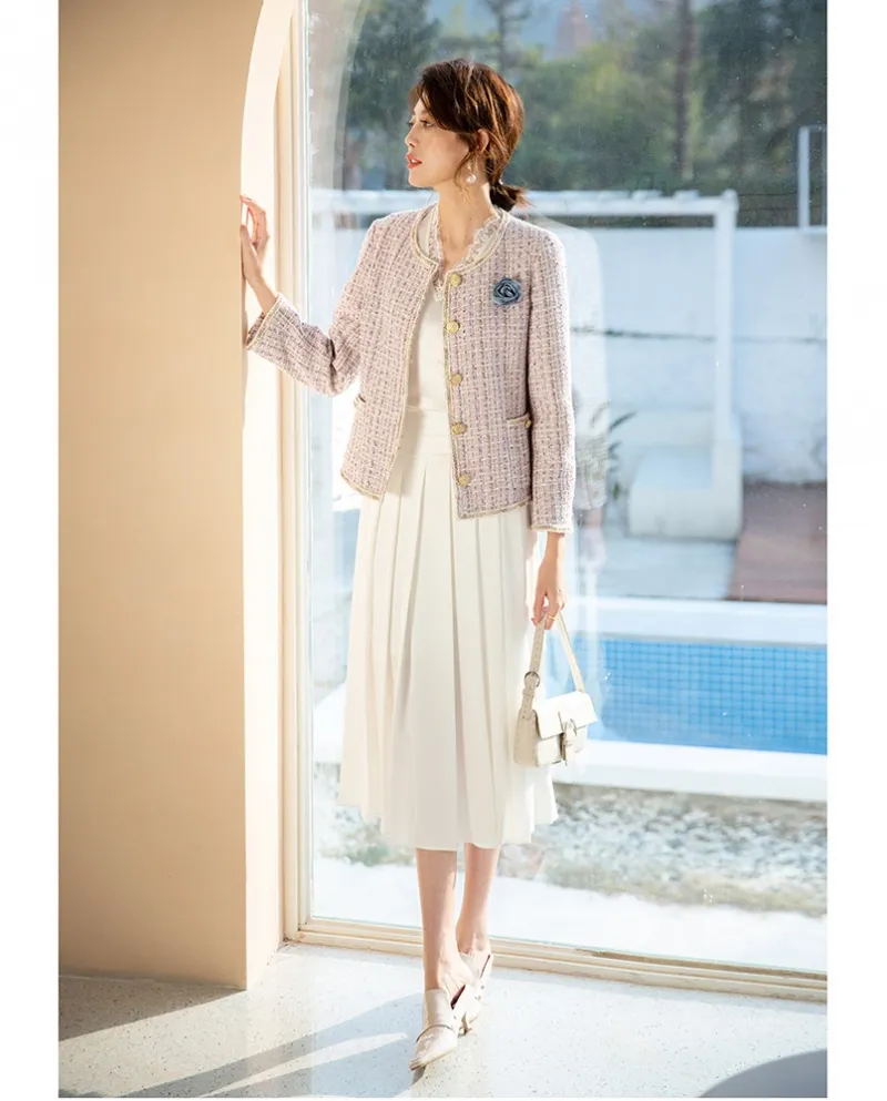 23 Cappotto autunnale Nuovo stile da donna Seta brillante Temperamento rosa Pendolarismo Socialite Casual Girocollo Cappotto cor