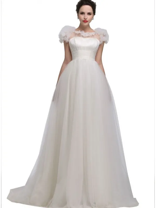 Abito da Sposa A line semplice di Tulle con spalline e bottoncini sulla schiena