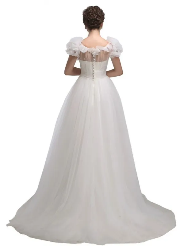 Abito da Sposa A line semplice di Tulle con spalline e bottoncini sulla schiena