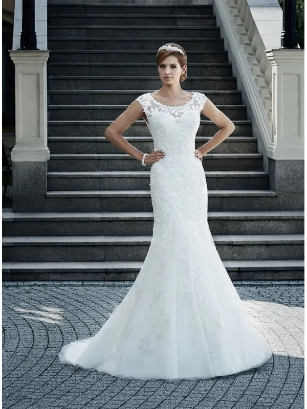 Abito da Sposa a Sirena online economico di Tulle con applicazioni di ricami e scollo rotondo