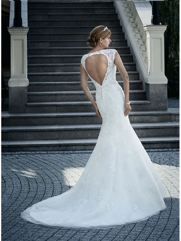 Abito da Sposa a Sirena online economico di Tulle con applicazioni di ricami e scollo rotondo