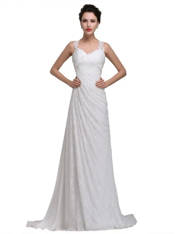 Abito da Sposa economico in georgette con drappeggi di pizzo e bretelle incrociate