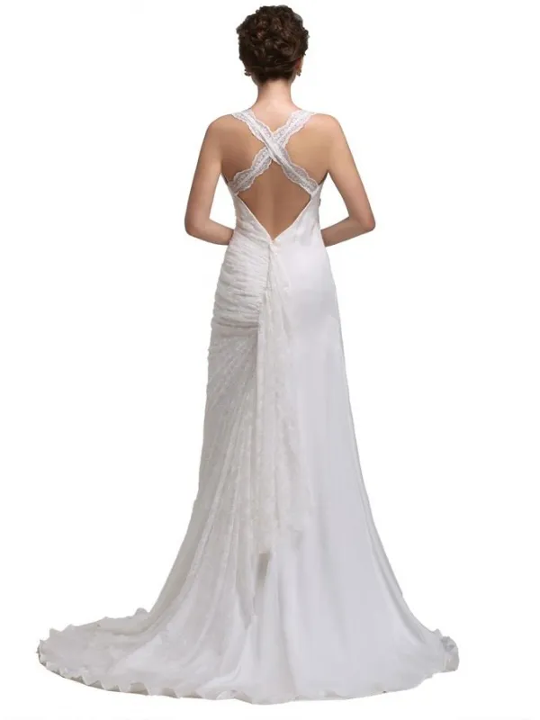 Abito da Sposa economico in georgette con drappeggi di pizzo e bretelle incrociate