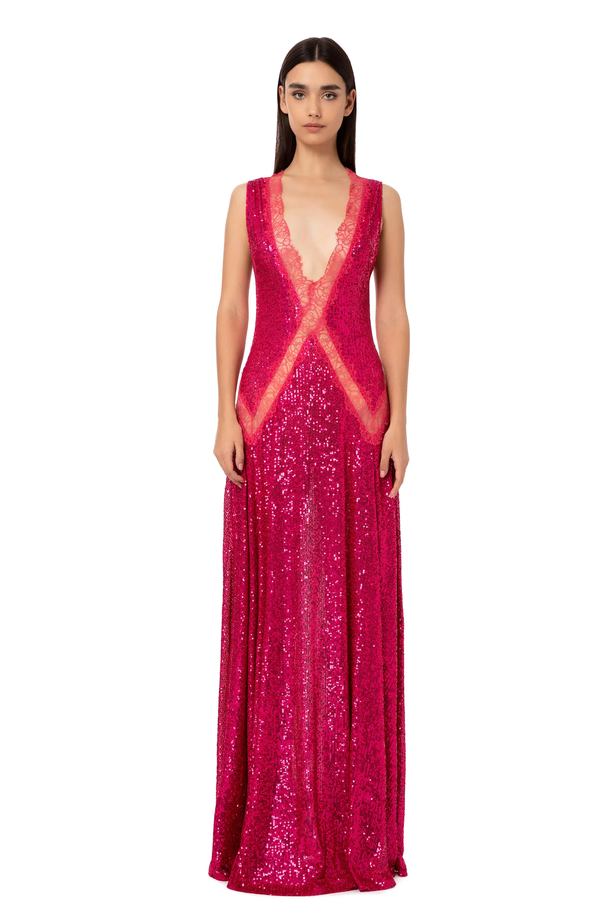 Abito red carpet con inserti in pizzo e tessuto paillettes