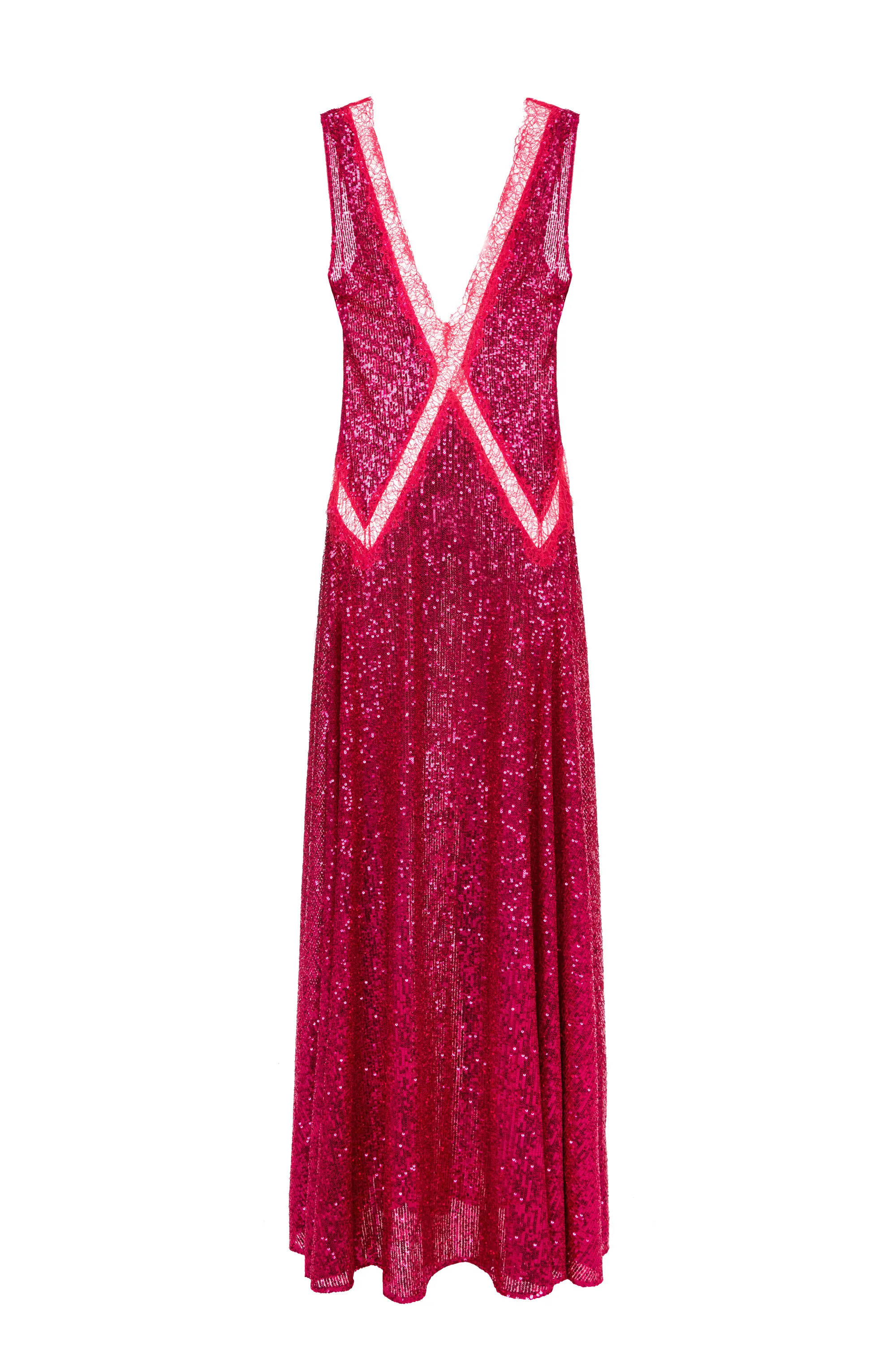 Abito red carpet con inserti in pizzo e tessuto paillettes