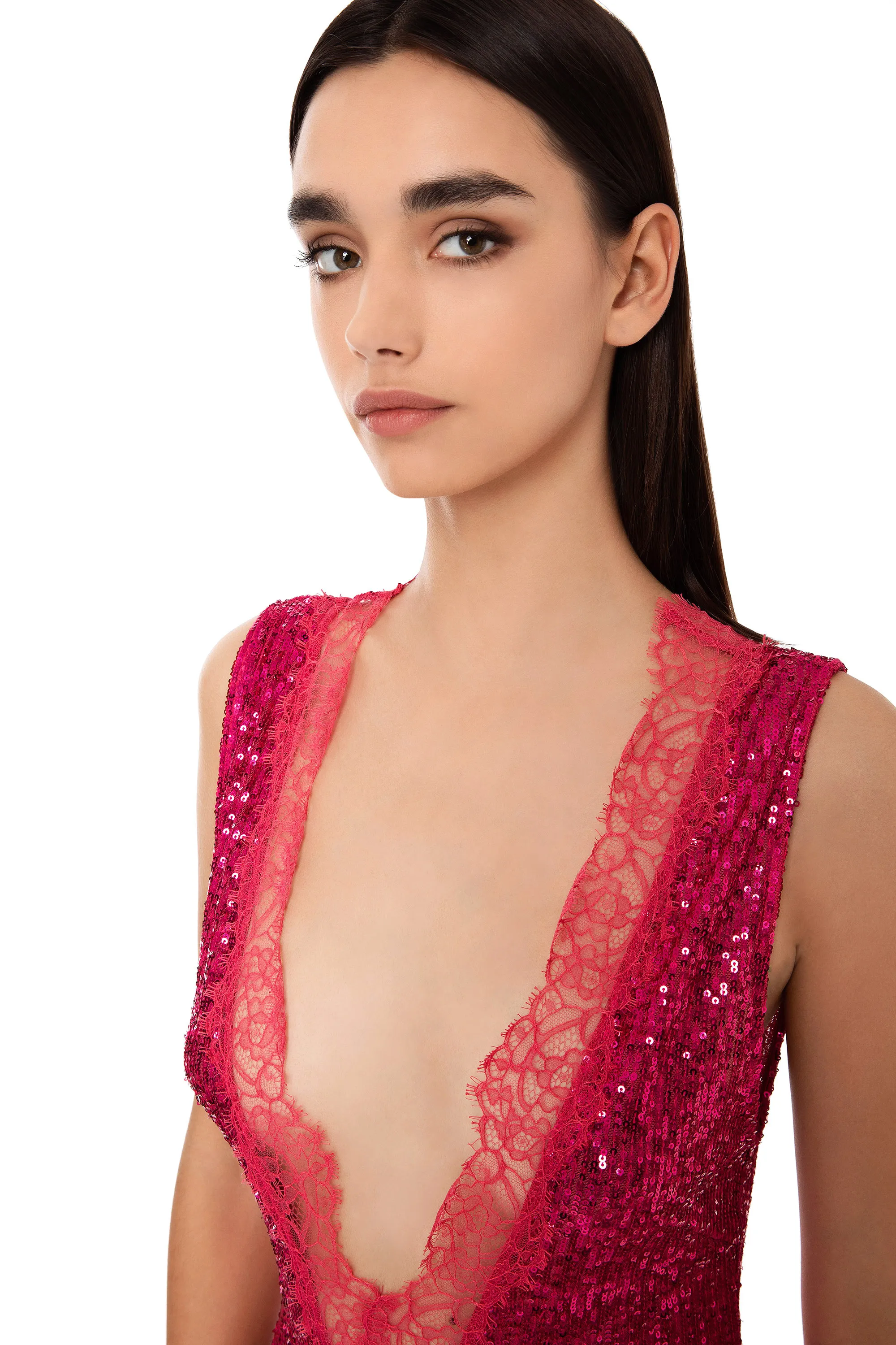 Abito red carpet con inserti in pizzo e tessuto paillettes