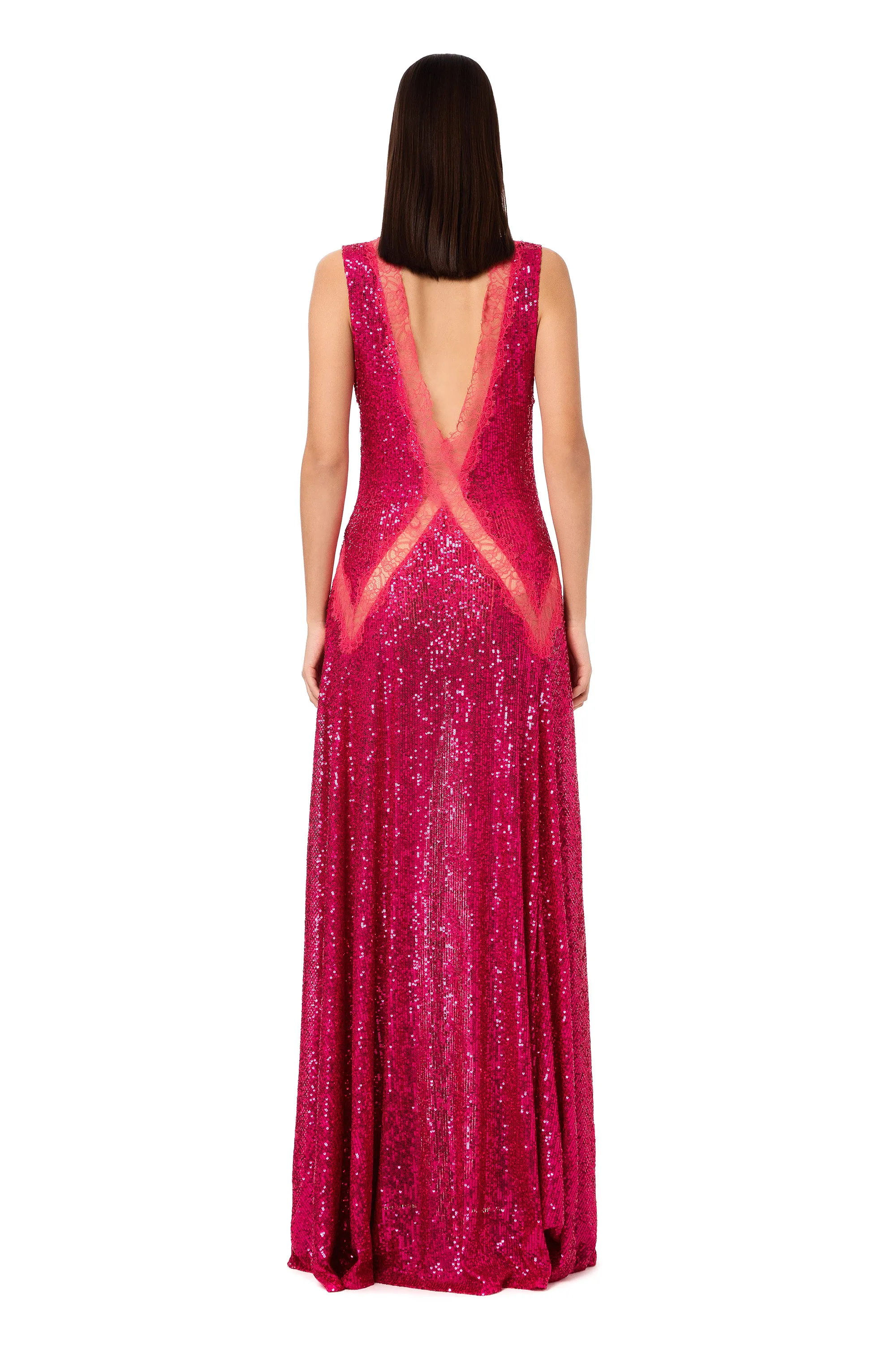Abito red carpet con inserti in pizzo e tessuto paillettes