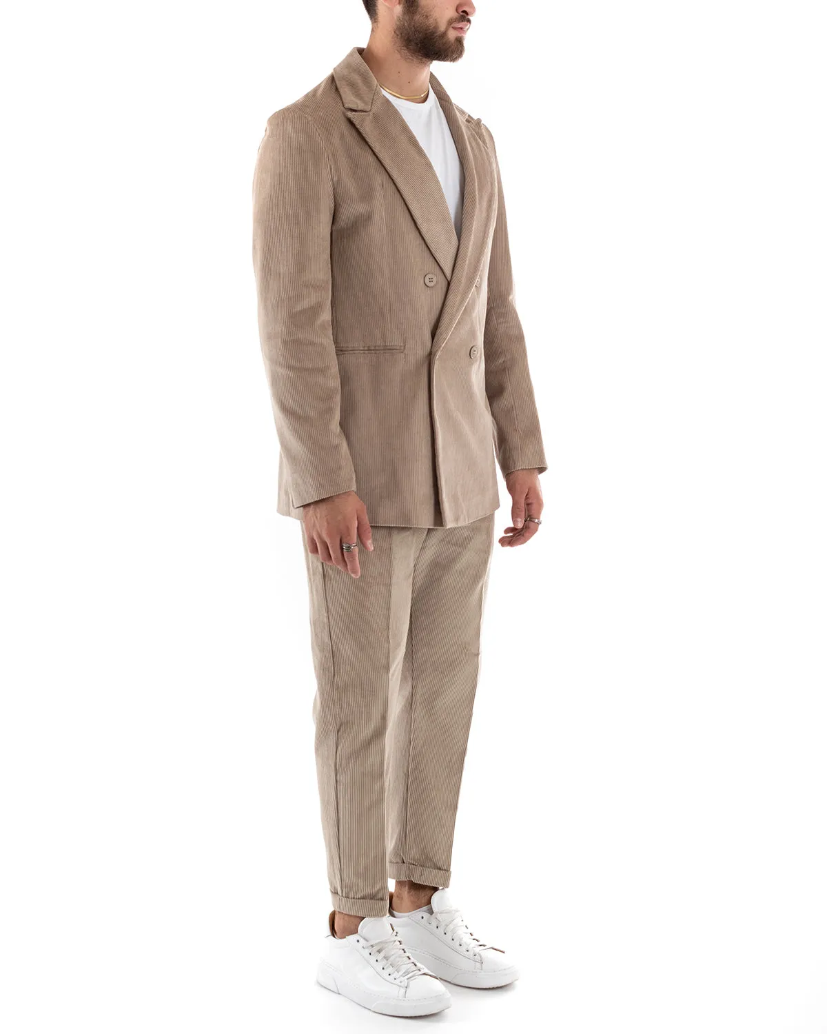 Abito Uomo Doppiopetto Vestito Velluto Completo Giacca Pantaloni Beige Elegante Cerimonia GIOSAL-OU2191A