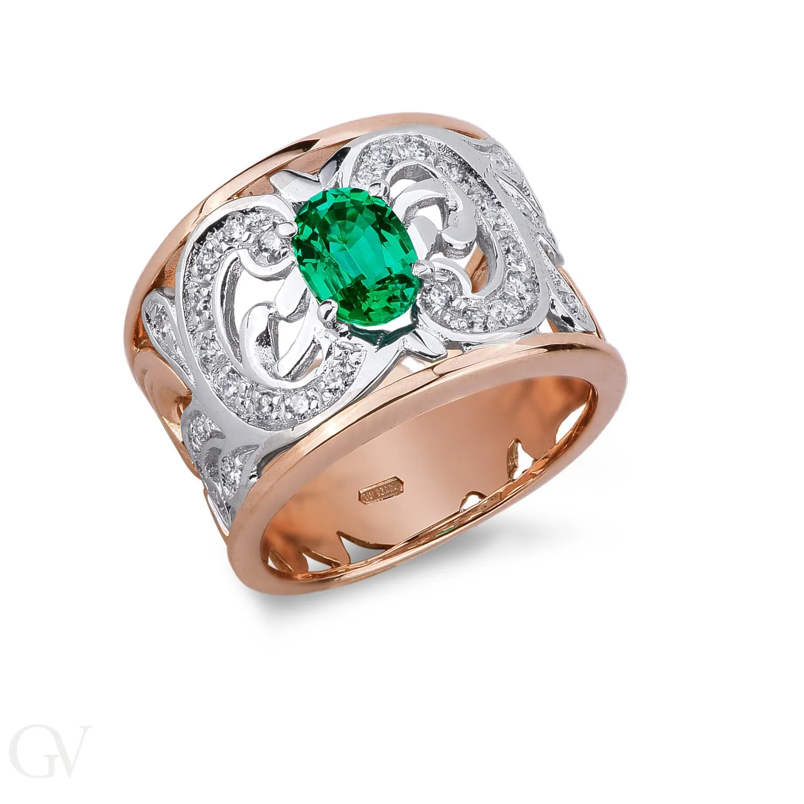 Anello ricamo in oro bianco e rosa 18k con smeraldo e diamanti