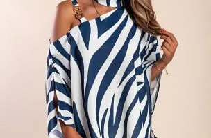 Blusa elegante ampia con stampa, blu scuro/bianco