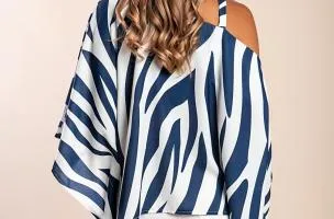 Blusa elegante ampia con stampa, blu scuro/bianco