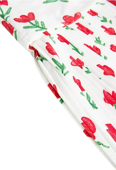 Boboli Pleated jersey dress with flower print for girls 418036 9382 white-red