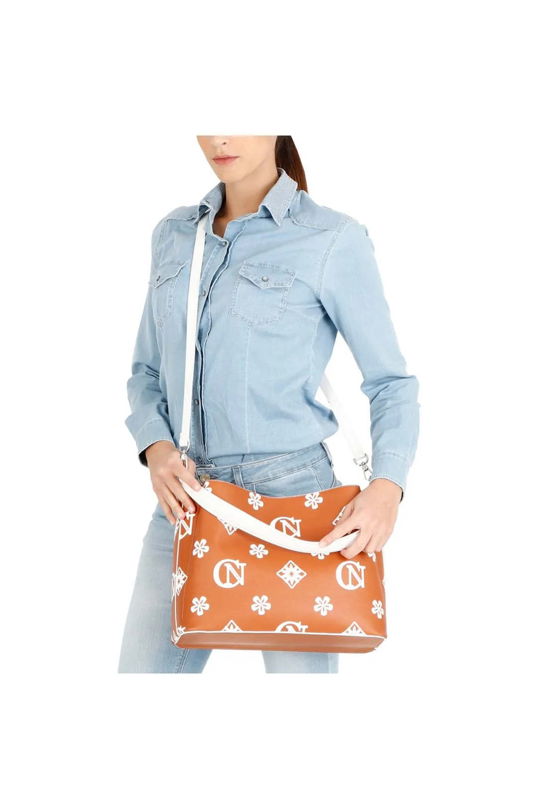 borsa a spalla in similpelle logata con stampa all over
