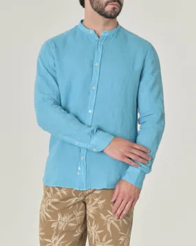 Camicia azzurra in puro lino con collo a coreana