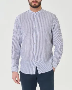 Camicia bastoncino bianco e blu in misto lino e cotone con colletto a coreana