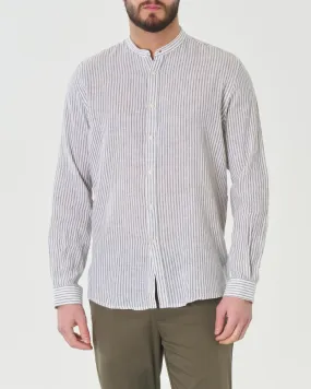 Camicia bastoncino bianco e verde militare in misto lino e cotone con colletto a coreana