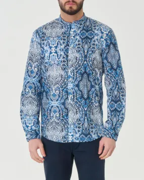 Camicia blu in mussola di puro cotone con fantasia paisley e colletto a coreana