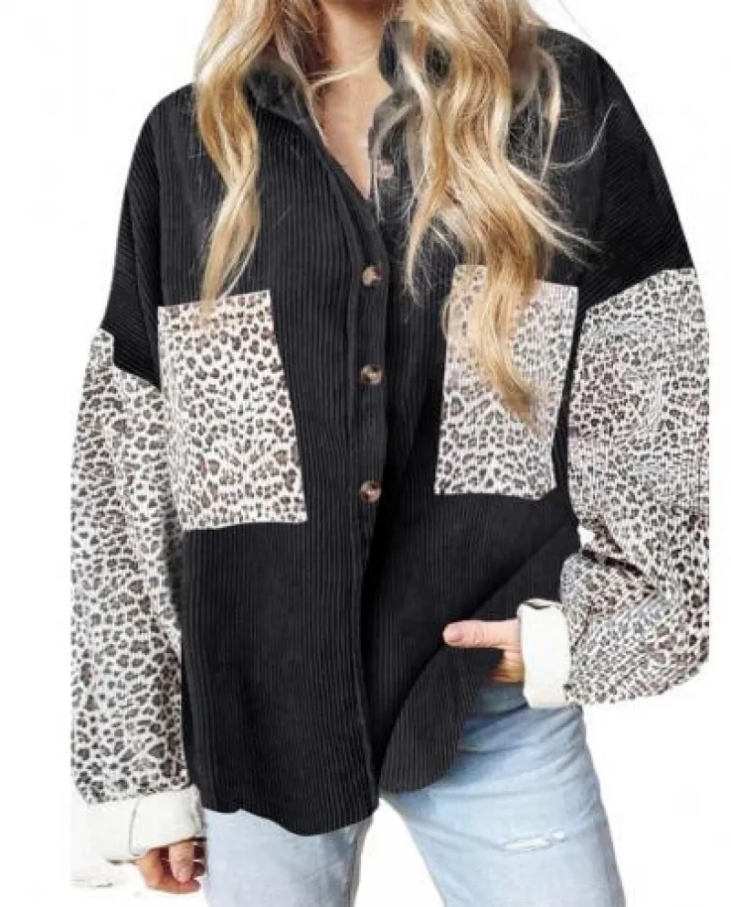 Camicia da donna con patchwork leopardato Top con colletto rovesciato Due tasche lunghe Sl