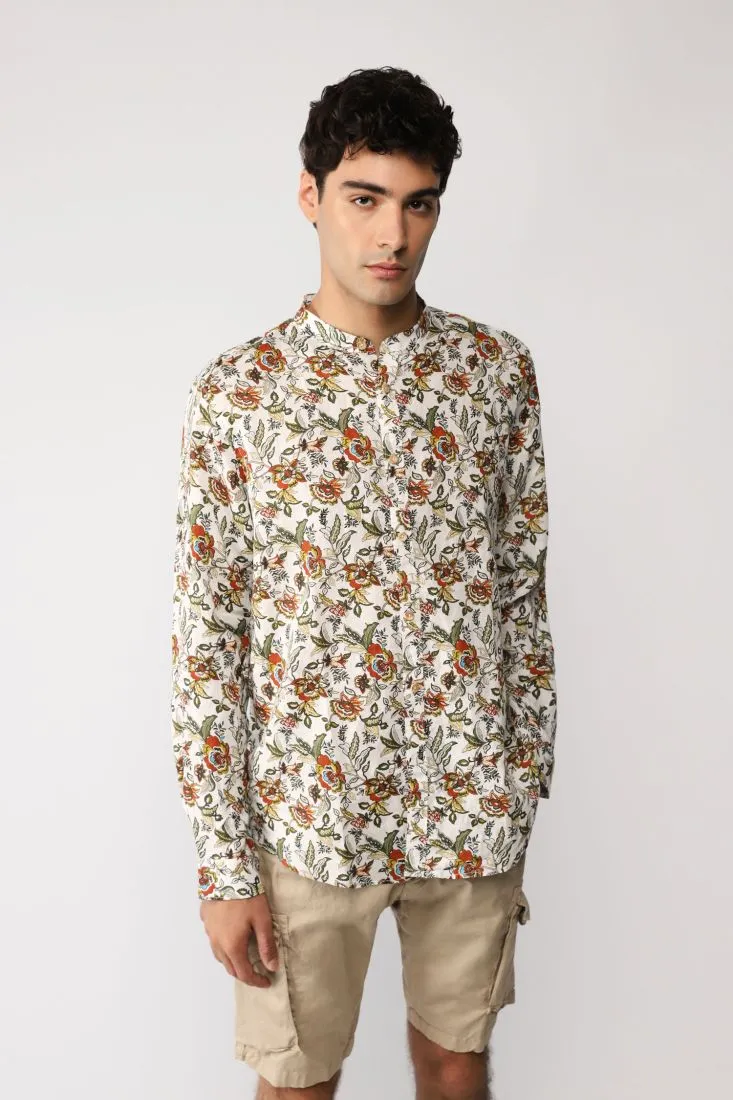 Camicia fantasia botanica con collo alla coreana
