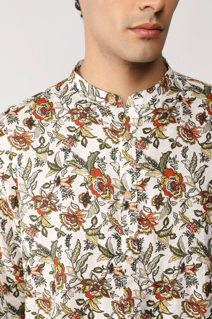 Camicia fantasia botanica con collo alla coreana