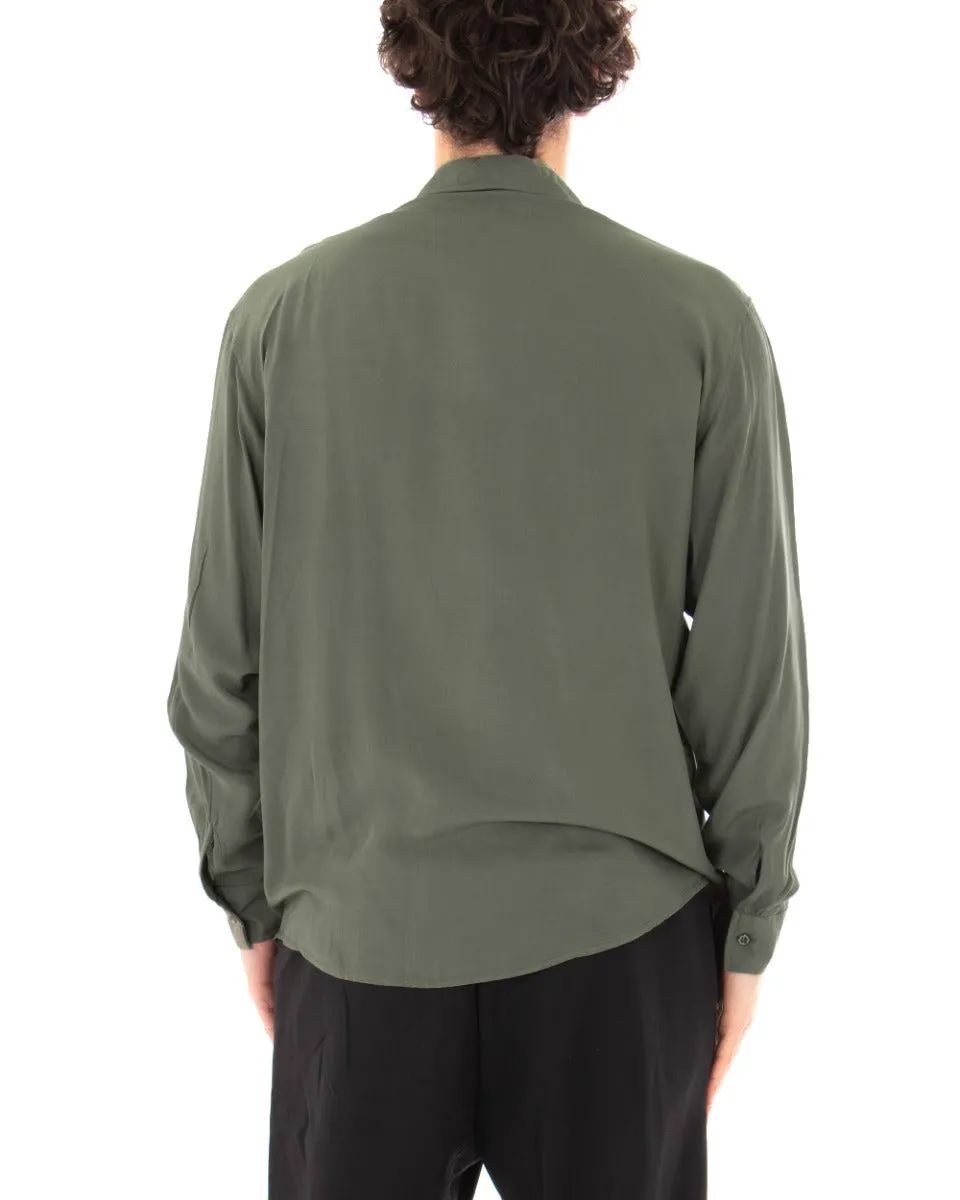 Camicia Uomo Con Colletto Manica Lunga Viscosa Verde Militare Oversize GIOSAL-C1914A