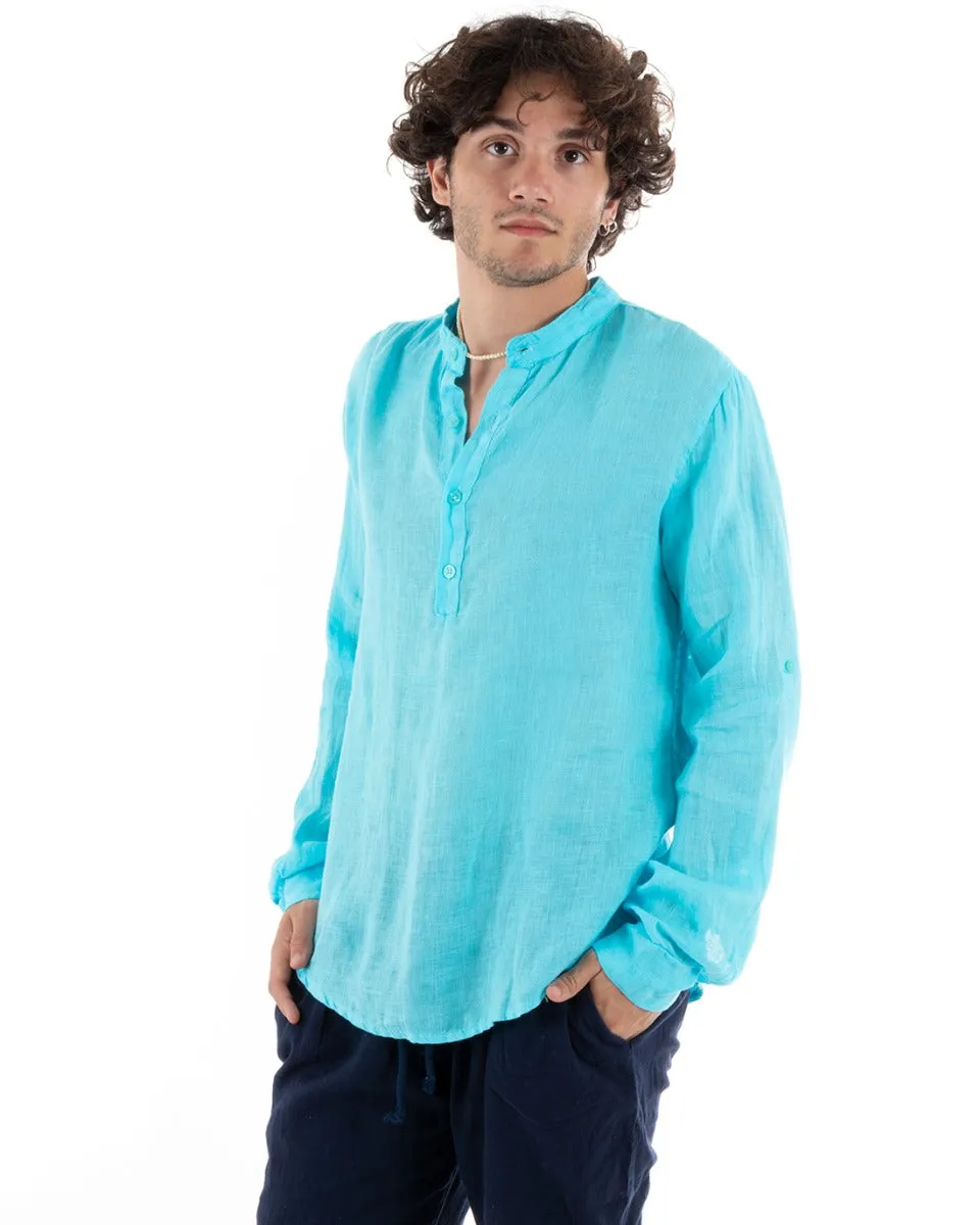 Camicia Uomo Lino Collo Serafino Mezzo Bottone Tinta Unita Casacca Azzurro GIOSAL-C2797A