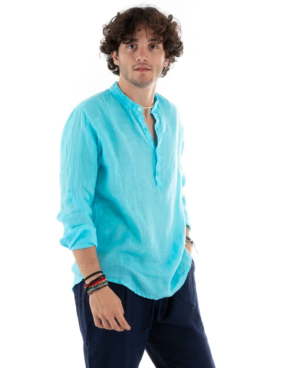 Camicia Uomo Lino Collo Serafino Mezzo Bottone Tinta Unita Casacca Azzurro GIOSAL-C2797A