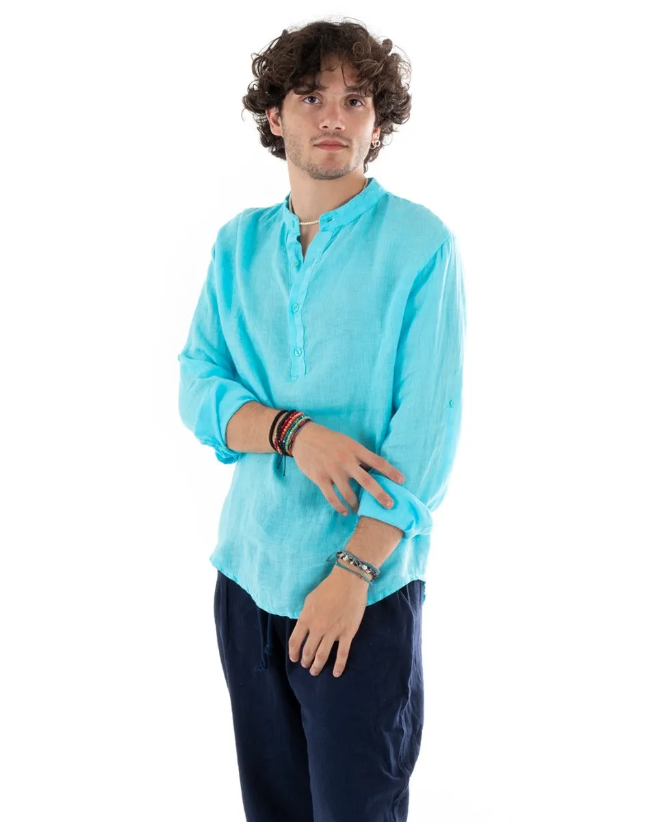 Camicia Uomo Lino Collo Serafino Mezzo Bottone Tinta Unita Casacca Azzurro GIOSAL-C2797A