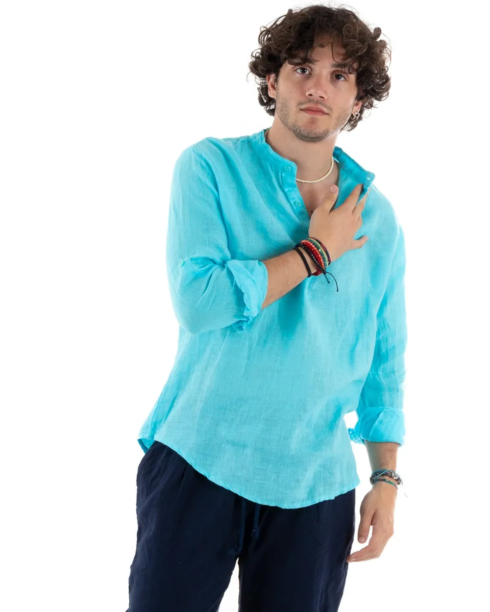Camicia Uomo Lino Collo Serafino Mezzo Bottone Tinta Unita Casacca Azzurro GIOSAL-C2797A
