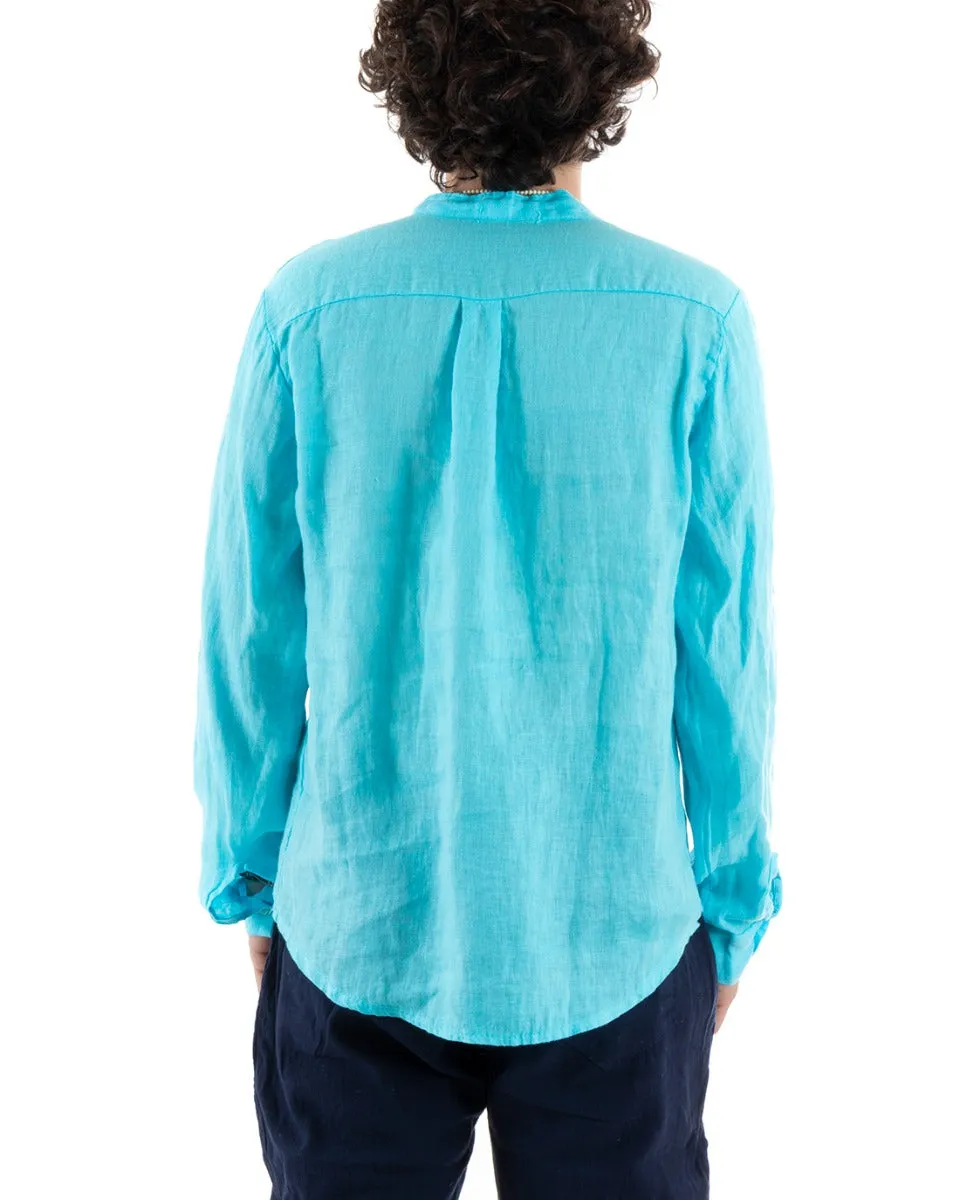 Camicia Uomo Lino Collo Serafino Mezzo Bottone Tinta Unita Casacca Azzurro GIOSAL-C2797A