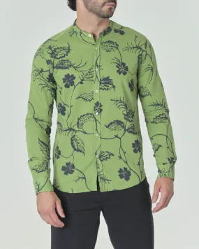 Camicia verde in puro lino a fantasia floreale blu con collo a coreana