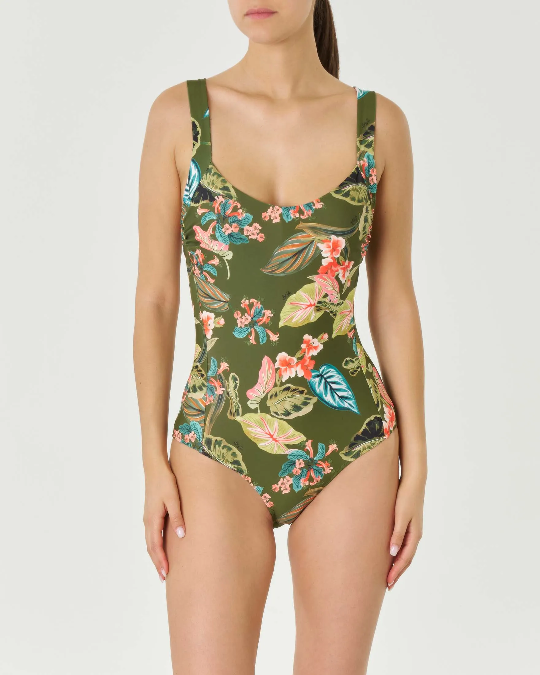Costume intero verde militare a fantasia tropicale con cut-out sul retro