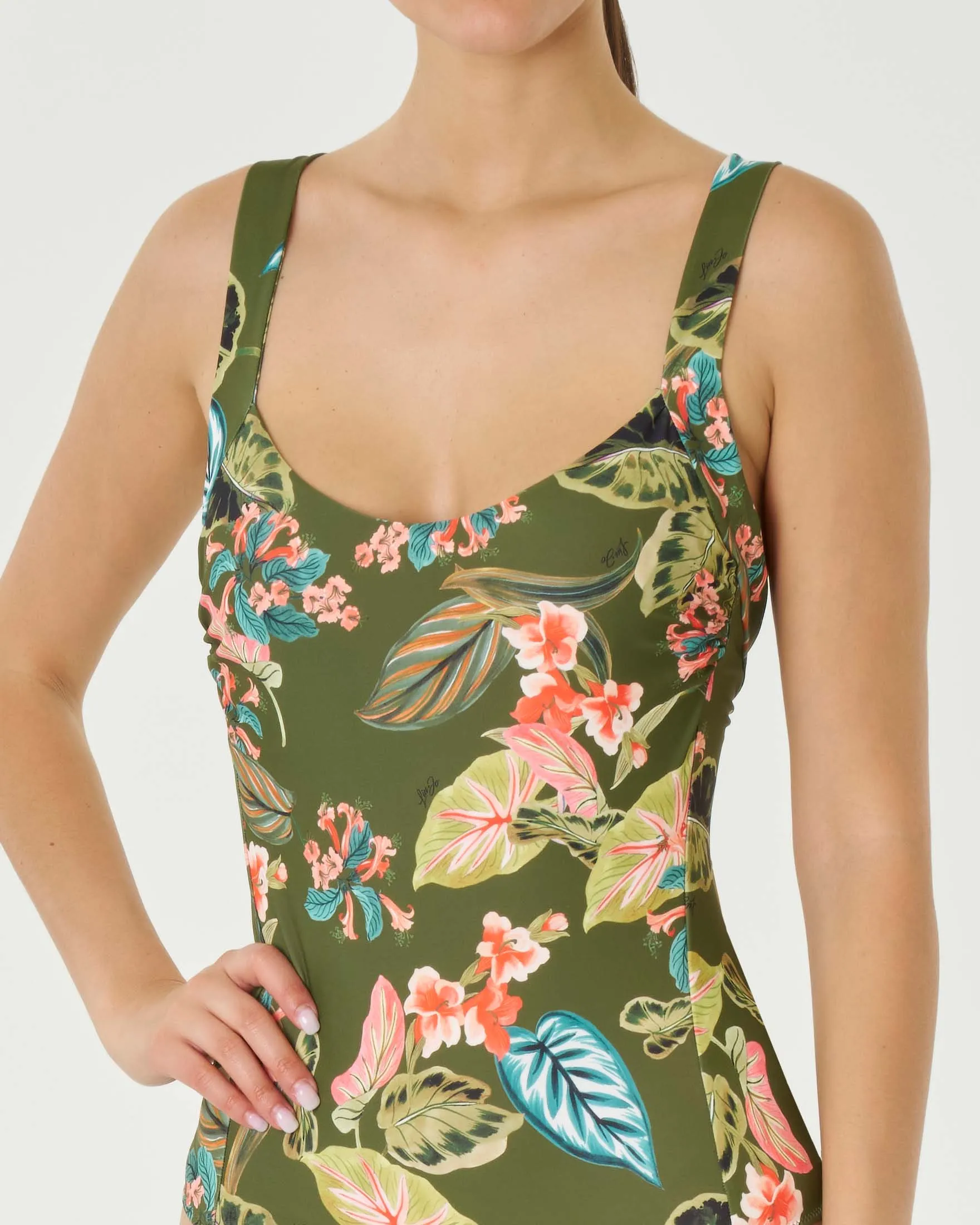 Costume intero verde militare a fantasia tropicale con cut-out sul retro