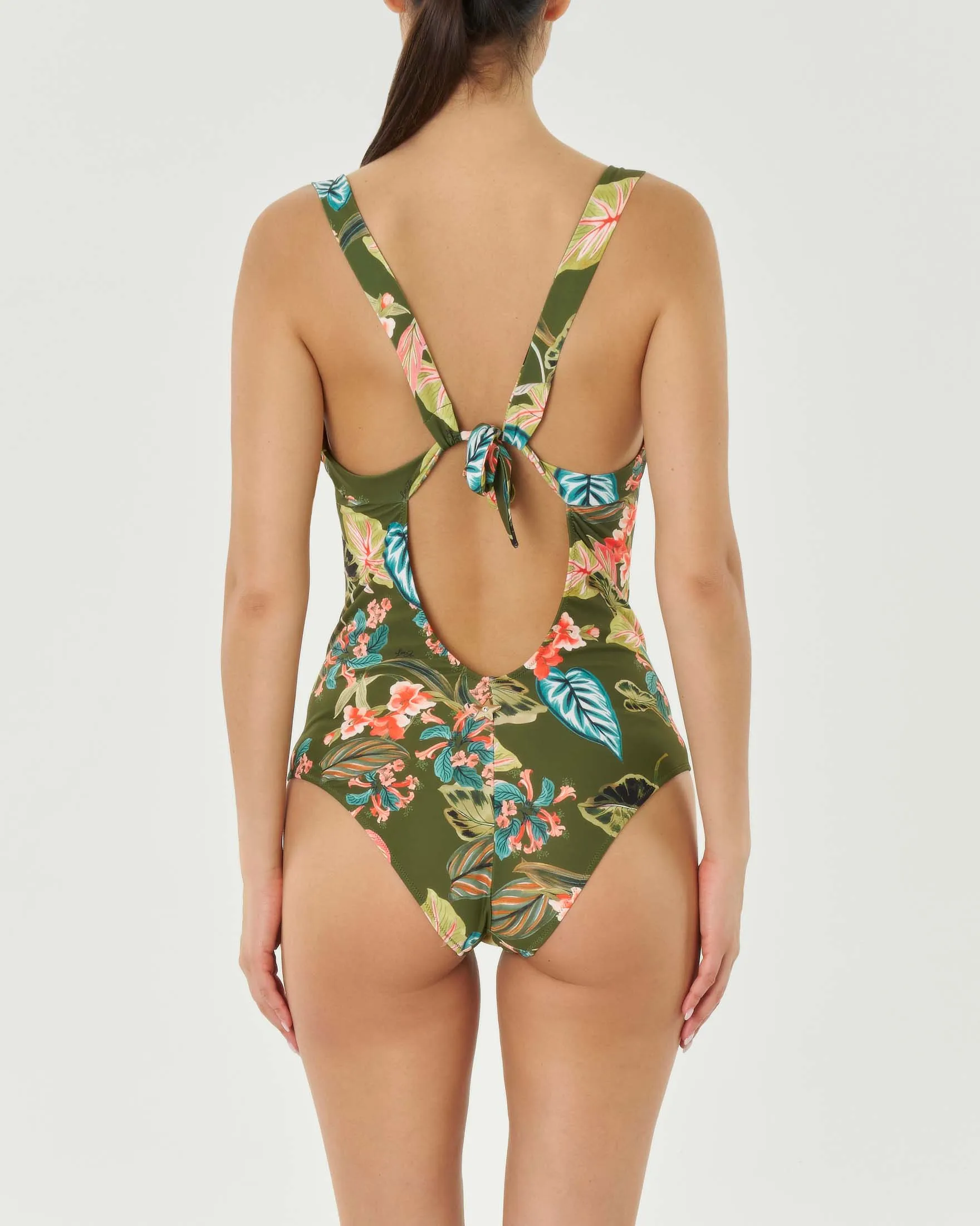 Costume intero verde militare a fantasia tropicale con cut-out sul retro