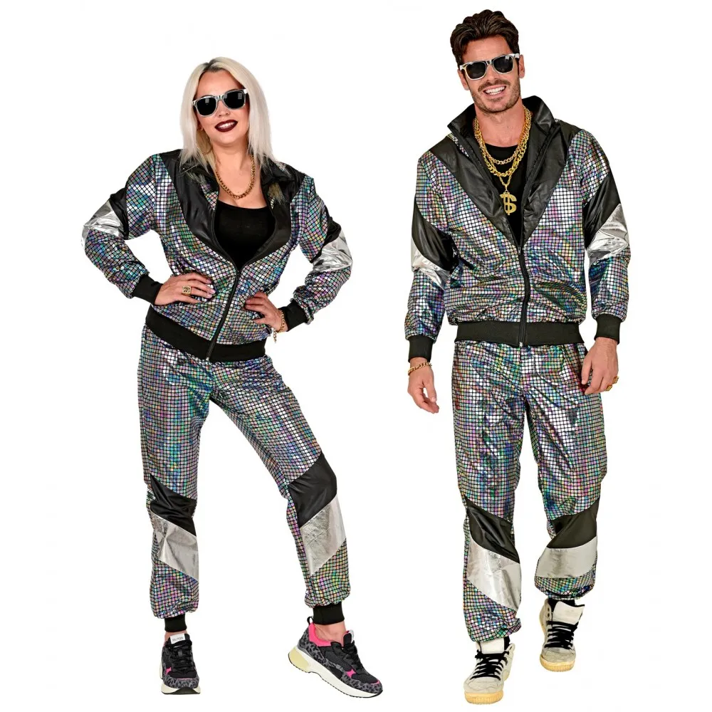 Costume Tuta Anni 80 Argento Riflettente Unisex per Feste a TemaTaglia XXL, Adulto