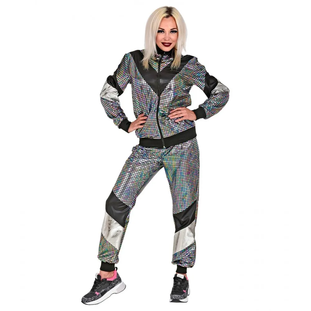 Costume Tuta Anni 80 Argento Riflettente Unisex per Feste a TemaTaglia XXL, Adulto