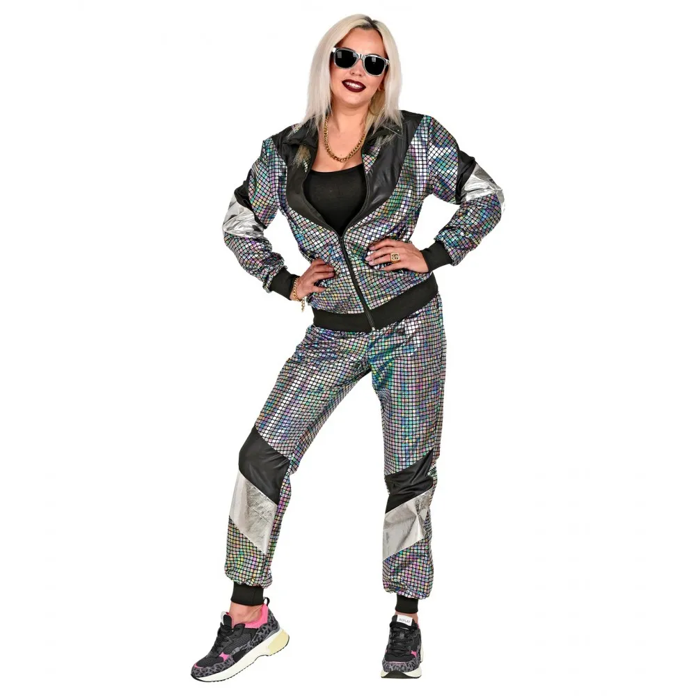 Costume Tuta Anni 80 Argento Riflettente Unisex per Feste a TemaTaglia XXL, Adulto