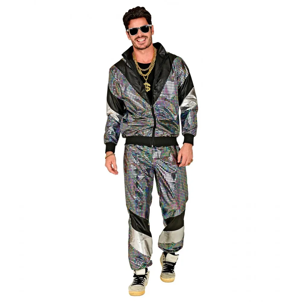 Costume Tuta Anni 80 Argento Riflettente Unisex per Feste a TemaTaglia XXL, Adulto