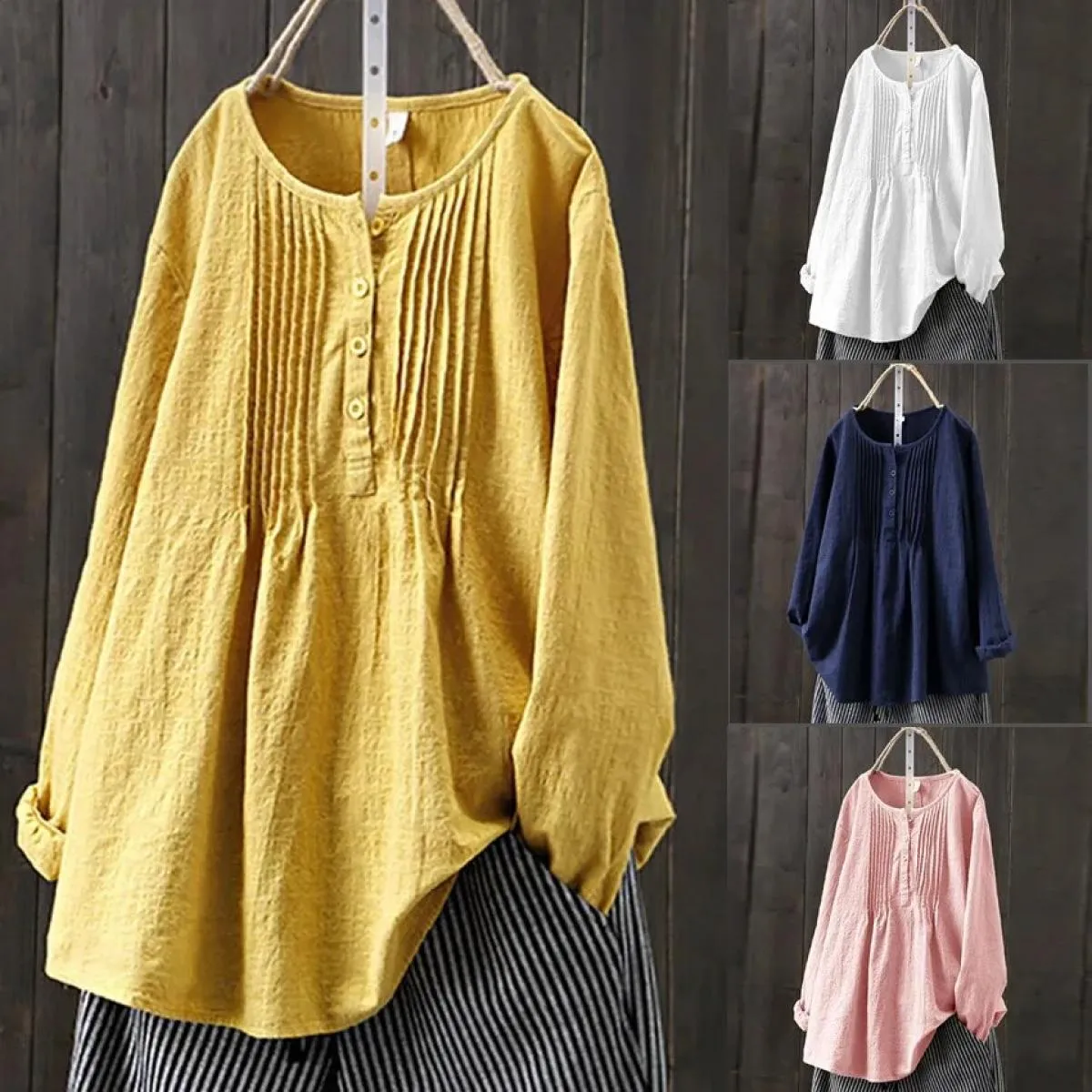 Cotone di Lino 2022 Nuovo Allentato Manica Lunga da Donna A Pieghe Girocollo Camicia da Donna di Grandi Dimensioni Camisas Mujer