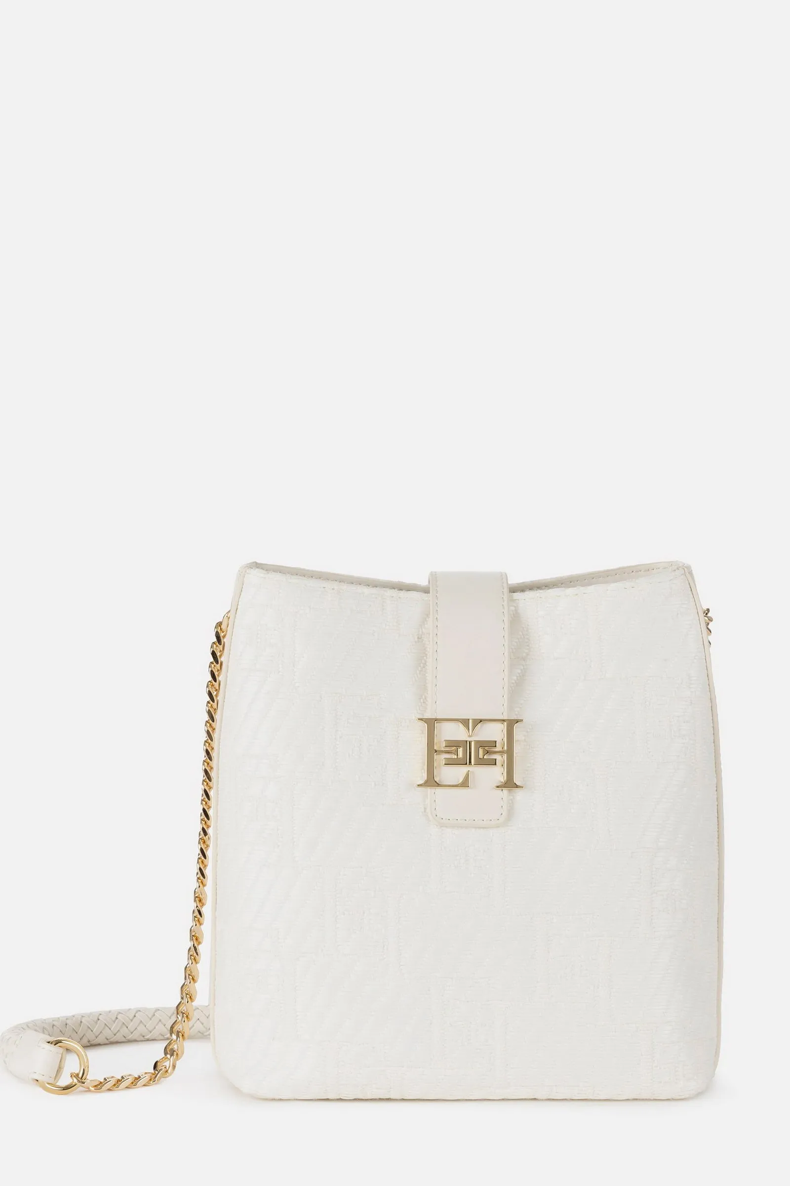 ELISABETTA FRANCHI Borsa a tracolla in rafia jacquard Avorio