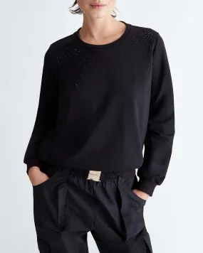 Felpa nero girocollo in cotone stretch con strass e logo applicati sulle spalle