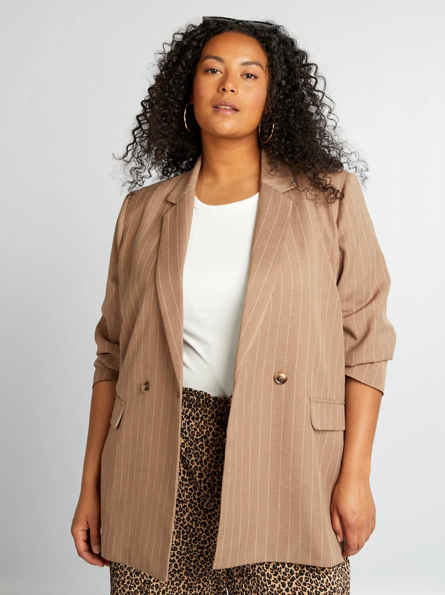 Giacca tailleur midi a righe - MARRONE
