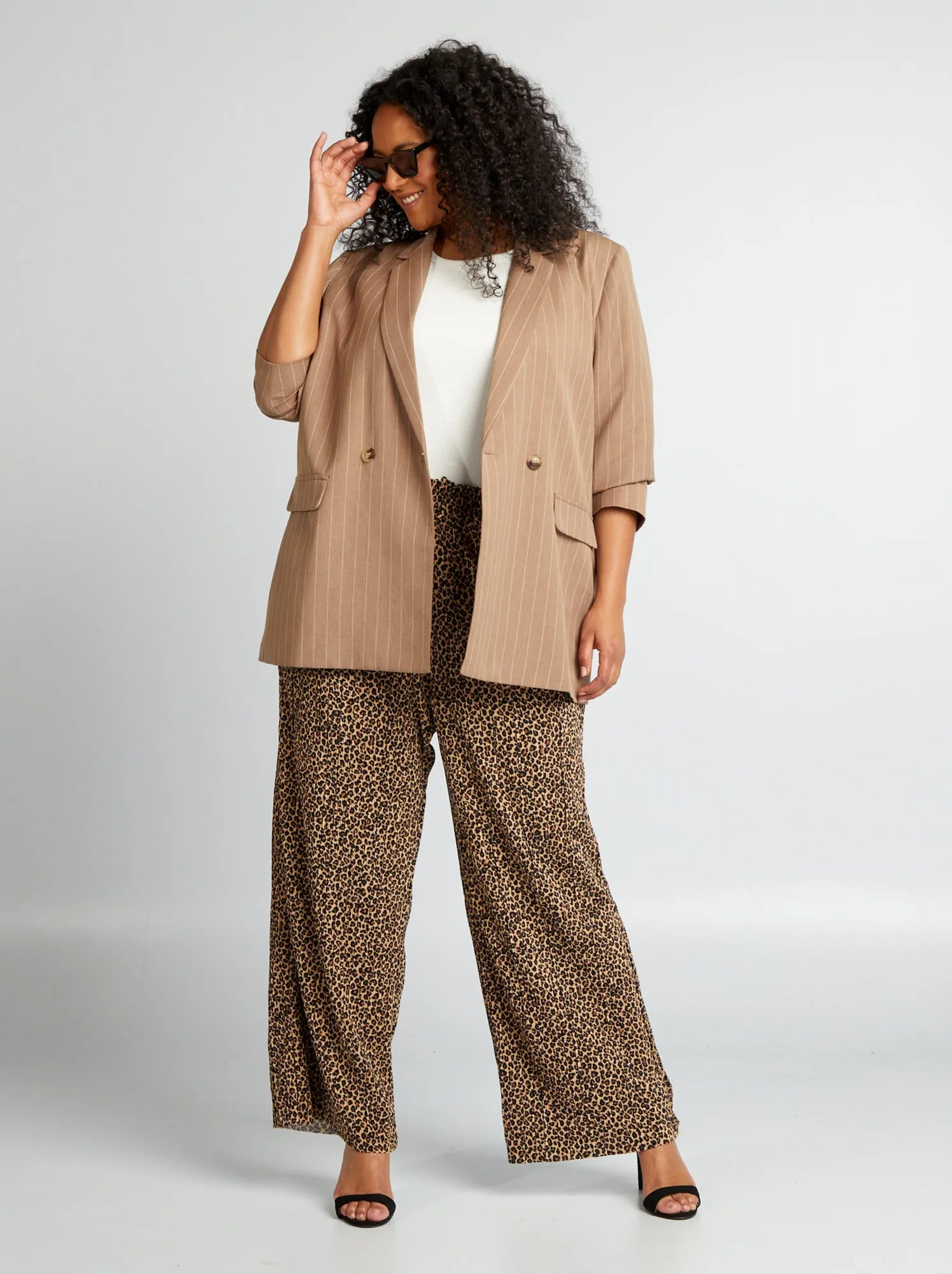 Giacca tailleur midi a righe - MARRONE