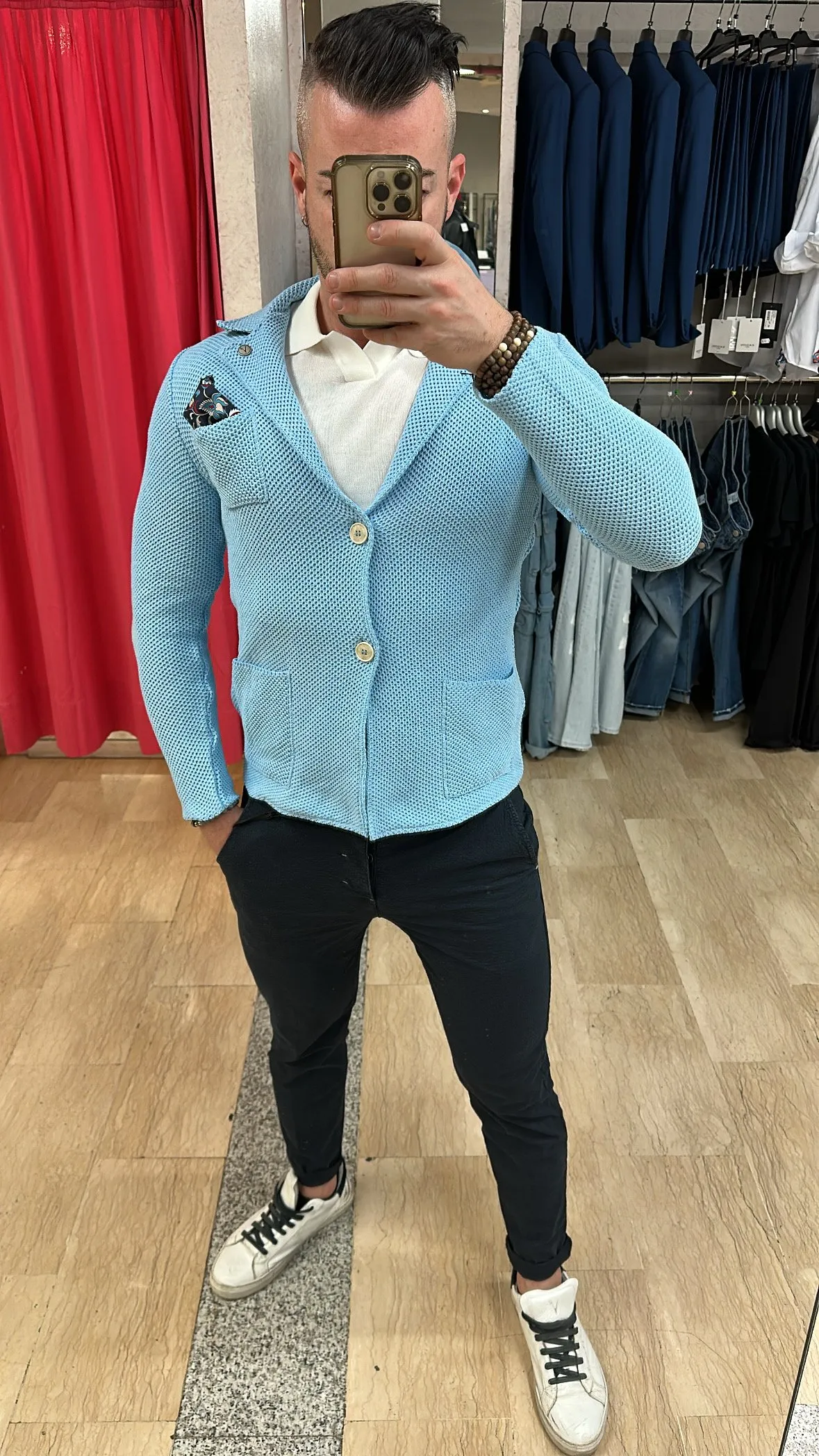 Giacca V2 monopetto destrutturata in maglia con trama ad occhio di pernice con taschino, interno collo e pochette Tinta Unita Az