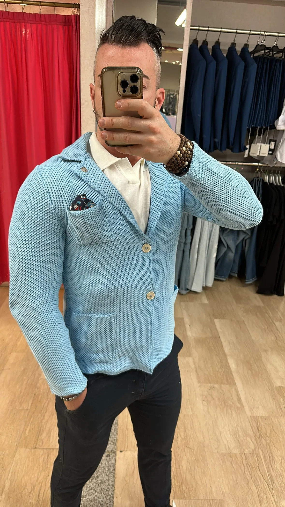 Giacca V2 monopetto destrutturata in maglia con trama ad occhio di pernice con taschino, interno collo e pochette Tinta Unita Az