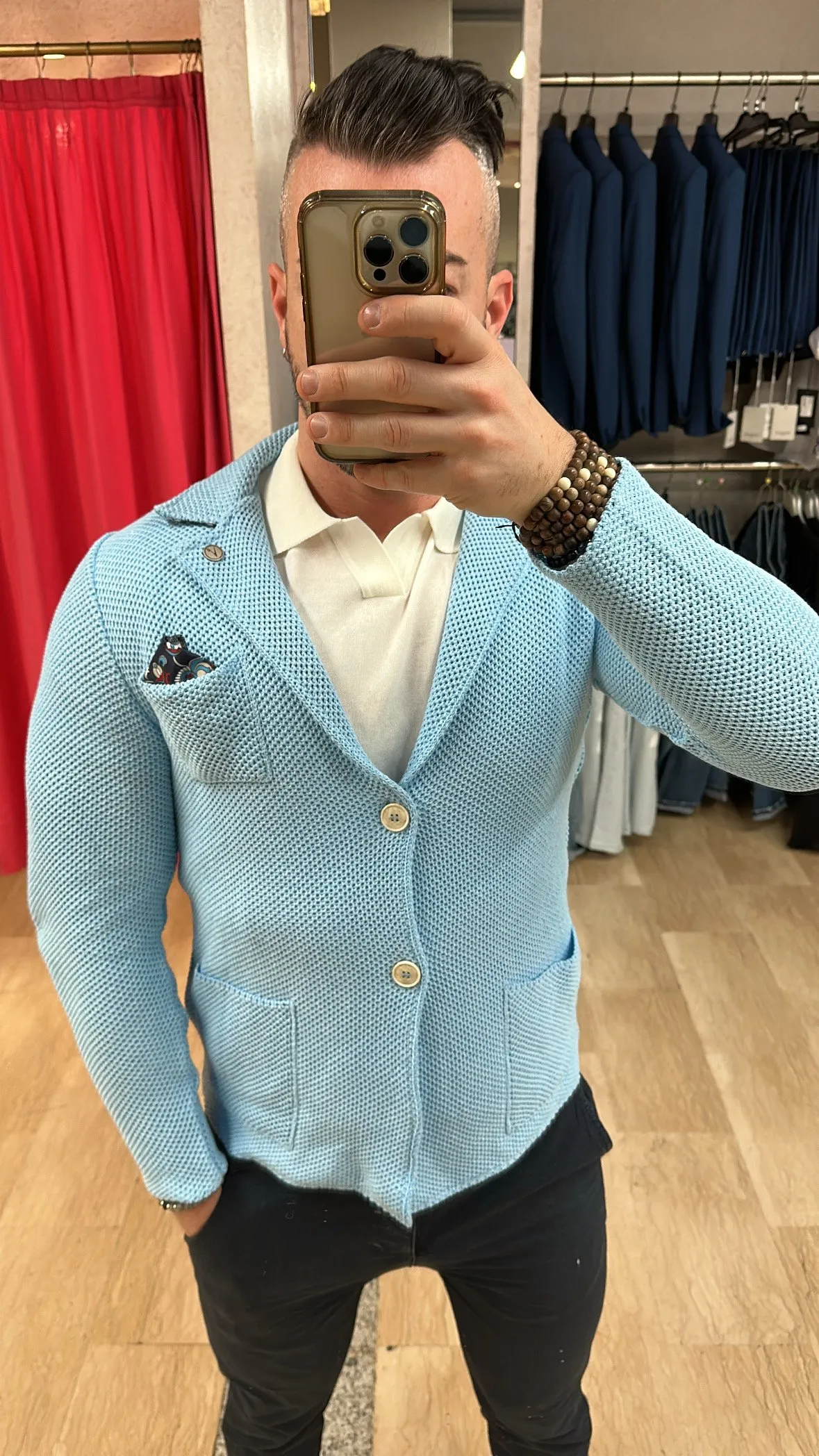 Giacca V2 monopetto destrutturata in maglia con trama ad occhio di pernice con taschino, interno collo e pochette Tinta Unita Az