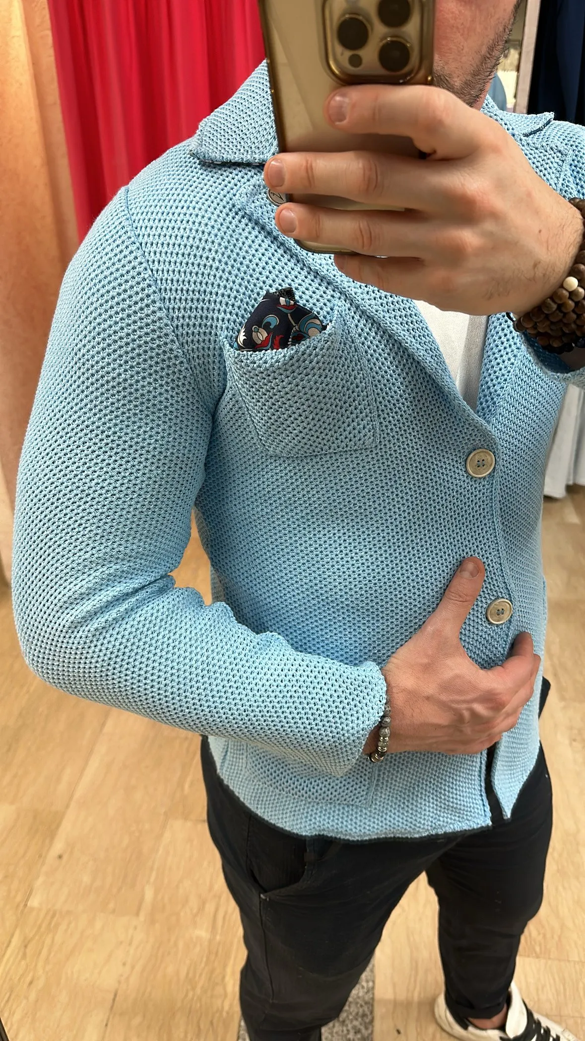 Giacca V2 monopetto destrutturata in maglia con trama ad occhio di pernice con taschino, interno collo e pochette Tinta Unita Az
